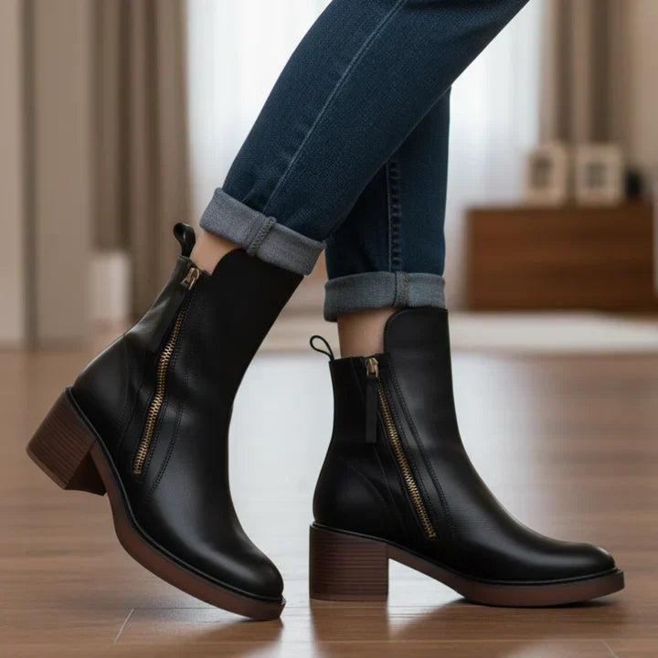 Valorine™ | Bota de piel negra con tacón cómodo, elegante y atemporal