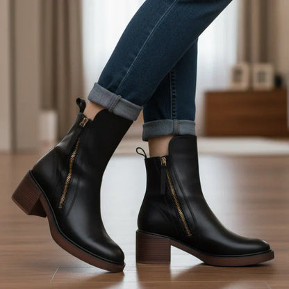 Valorine™ | Bota de piel negra con tacón cómodo, elegante y atemporal