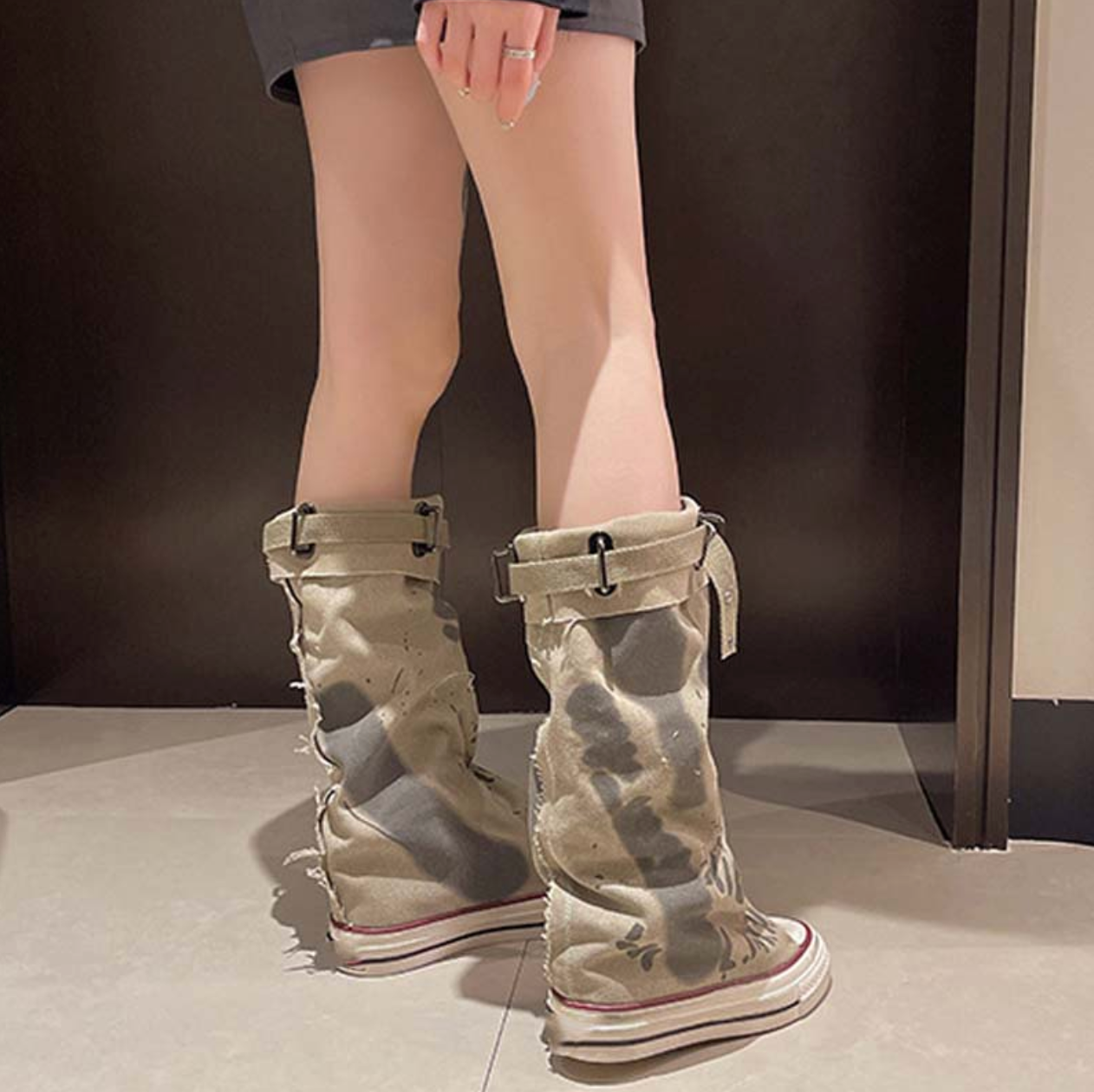 Botas planas de lona retro de media pantorrilla para mujer